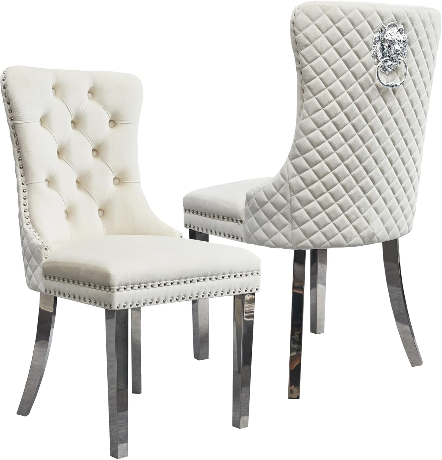 Set of Velvet Dining Chairs with Lion Head Knocker, Soft Padded Upholstery with Chrome Knocker & Studded Trim – Elegant Dining Chairs